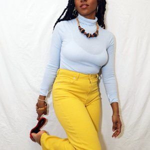 H&M Women Yellow Dress Pants 4 and baby blue sheer turtleneck top